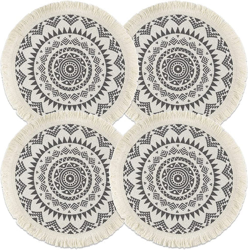 Sungea Mandala Round Placemats Set of 4, Boho Cotton Woven Macrame Tassels Table Mats Washable Heat Resistant Neutral Place Mat for Dining Room Kitchen Table Decor (13 Inches, Dark Grey)