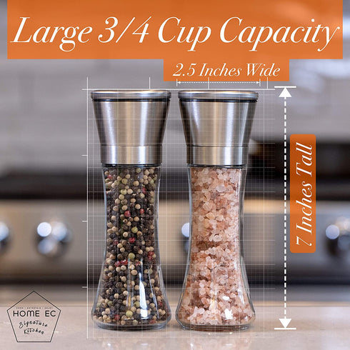 HOME EC Premium Stainless Steel Salt and Pepper Grinder Set of 2 - Adjustable Ceramic Sea Salt Grinder & Pepper Grinder - Tall Glass Salt and Pepper Shakers - Pepper Mill & Salt Mill W/Funnel & Ebook