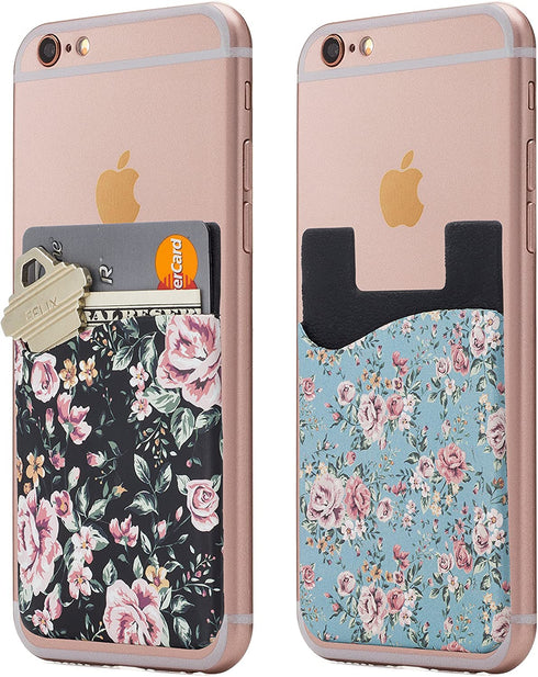 Cardly (Two Cell Phone Stick on Wallet Card Holder Phone Pocket for iPhone, Android and All Smartphones. (Floral)