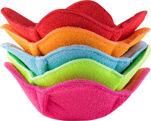 SHILA Bowl Cozy, Multicolor Set of 5 Microwave-Safe Hot Bowl Holders to Keep Your Hands Cool and Your Food Warm, Polyester & Sponge Heat Resistant Dish Pads for Soup, Rice and Pasta Bowls