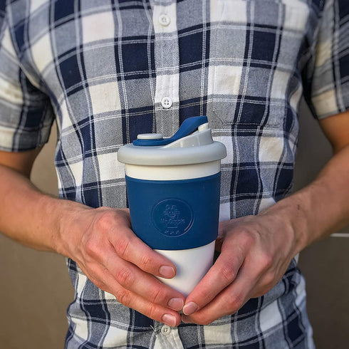 Mr.Cuppie 16oz Reusable Coffee Cups with Lids ,Dishwasher and Microwave Friendly Cup, Travel Coffee Mug Silicone Sleeve ,Portable To Go Coffee Mug (Space Blue)