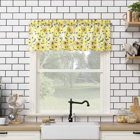 No. 918 Sunbeam Sunflower Print Semi-Sheer Rod Pocket Kitchen Curtain Valance and Tiers Set, 54 in x 24 in (3 Piece), Yellow