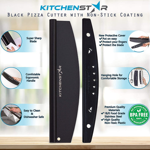 14? Black Non-Stick Pizza Cutter by KitchenStar | Sharp Stainless Steel Slicer Knife - Rocker Style w Blade Cover | Chop and Slices Perfect Portions + Dishwasher Safe Premium Pizza Oven Accessories