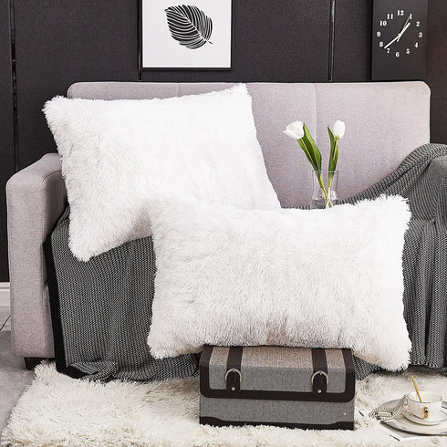 WERDIM Shaggy Fluffy Faux Fur Pillowcases 2 Pack Button Closure Velvet Pillow Shams Standard/Queen Size (White, 20 X 26 Inches)