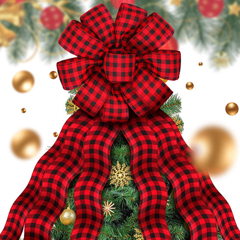 Buffalo Plaid Bow Christmas Buffalo Plaid Wreath Bow Tree Bow Xmas Tree Topper Hat with Card Christmas Tree Top Ornaments for Christmas Tree Front Door Wreath Xmas Decor (Black and Red)