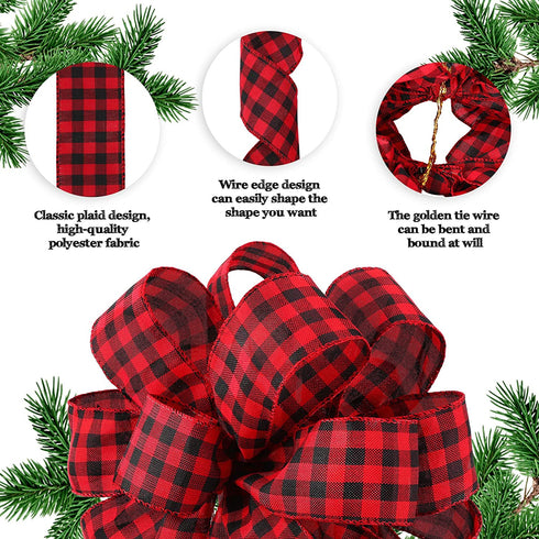 Buffalo Plaid Bow Christmas Buffalo Plaid Wreath Bow Tree Bow Xmas Tree Topper Hat with Card Christmas Tree Top Ornaments for Christmas Tree Front Door Wreath Xmas Decor (Black and Red)