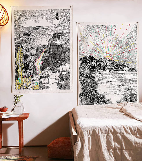 Landscape Tapestries - Aesthetic Bohemian Wall Hanging Tapestry for Bed Room Home Decor, Pack of 2, Beige