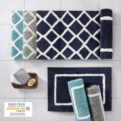 Madison Park Bittman Reversible Bathroom Rug - High Pile Luxrurious Tufted Plush Bath Mat Absorbent, Quick Dry, Geometric Design Shower Room Décor, 21x34, Grey