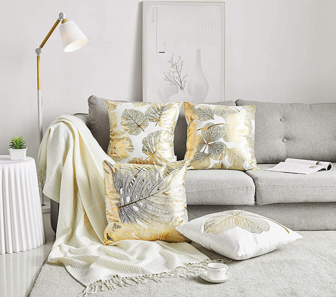 NeatBlanc Pack of 4 Decorative Throw Pillow Case Cushion Cover Gold Stamping Leaves 18 x 18 inches 45 x 45 cm for Couch Bedroom Car