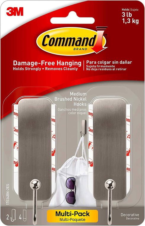 Command Medium Decorative Hooks, Brushed Nickel, 2-Hooks, 4-Strips Per Pack, Decorate Damage-Free