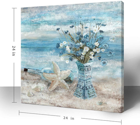 Flower Canvas Wall Art for Living Room Modern Abstract Ocean Beach Wall Decor Print Blue and White Floral in Indian Style Vase Framed Artwork for Bedroom Bathroom Office Ready to Hang 24x24inch