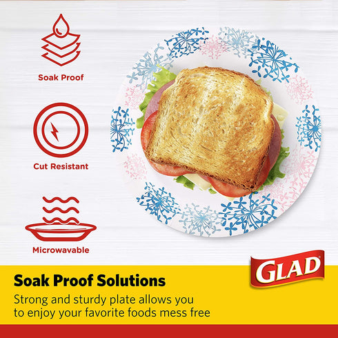 Glad Round Disposable Paper Plates for All Occasions | Soak Proof, Cut Proof, Microwaveable Heavy Duty Disposable Plates | 8.5" Diameter, 50 Count Bulk Paper Plates, Pink Hydrangea | Glad Paper Plates