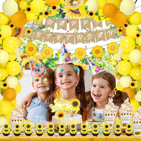 Sunflower Birthday Party Decorations Supplies 104Pcs - Sunflower Happy Birthday Banner, Artificial Sunflower Vine, Aluminum Foil Balloon, Cake Toppers, Balloons and Tools for Sunflower Garland Arch