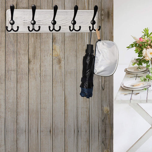Dseap Coat Rack Wall Mounted - 5 Tri Hooks, Heavy Duty, Wooden Wall Coat Hanger Coat Hook for Clothes Hat Jacket Clothing, White & Black