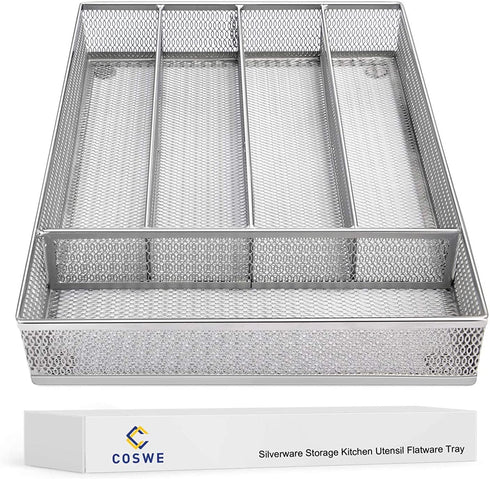 Flatware Tray Utensil Drawer Organizer Kitchen Utensil Cutlery Tray Mesh Designing with Foam Feet Multi Compartments Keep Desk Drawer and Office Supplies Well Organized (Silver)