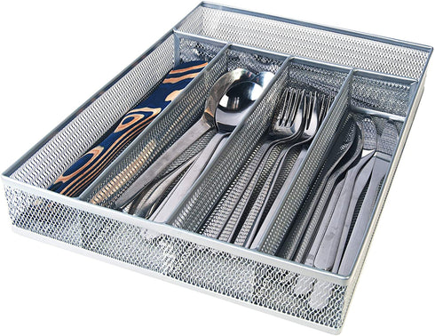 Flatware Tray Utensil Drawer Organizer Kitchen Utensil Cutlery Tray Mesh Designing with Foam Feet Multi Compartments Keep Desk Drawer and Office Supplies Well Organized (Silver)