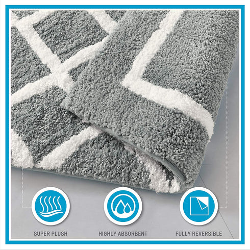 Madison Park Bittman Reversible Bathroom Rug - High Pile Luxrurious Tufted Plush Bath Mat Absorbent, Quick Dry, Geometric Design Shower Room Décor, 21x34, Grey
