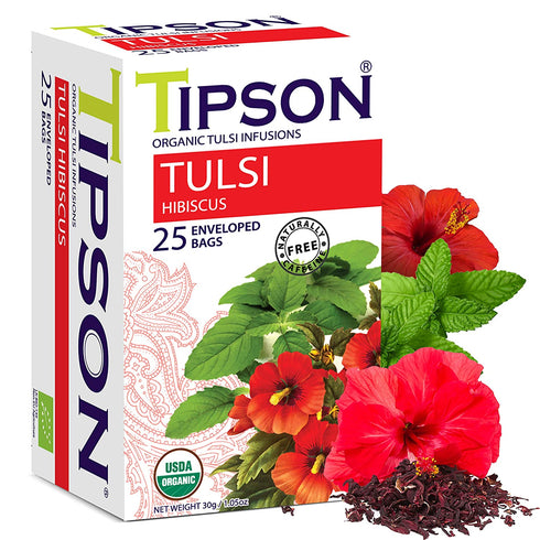 Tipson Tulsi Herbal Infusion - Hibiscus - 25 Organic Tea Bags - Caffeine Free - NonGMO - Gluten Free- Double Chambered Foil Enveloped Bags