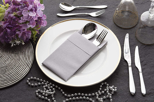 Gray Dinner Napkins Cloth Like with Built-in Flatware Pocket, Linen-Feel Absorbent Disposable Paper Hand Napkins for Kitchen, Bathroom, Parties, Weddings, Dinners or Events, 16x16 inches, Pack of 50