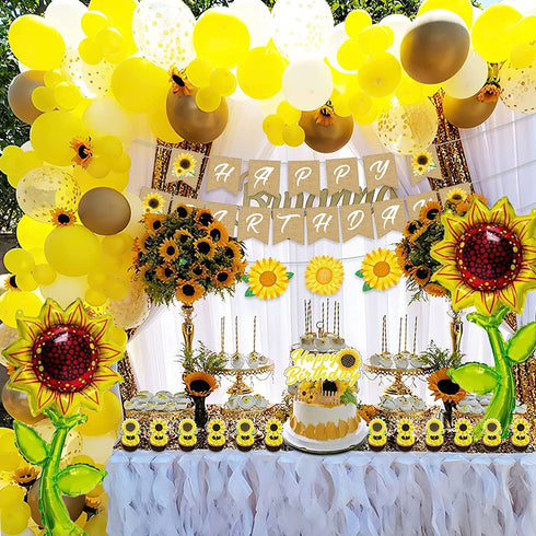 Sunflower Birthday Party Decorations Supplies 104Pcs - Sunflower Happy Birthday Banner, Artificial Sunflower Vine, Aluminum Foil Balloon, Cake Toppers, Balloons and Tools for Sunflower Garland Arch