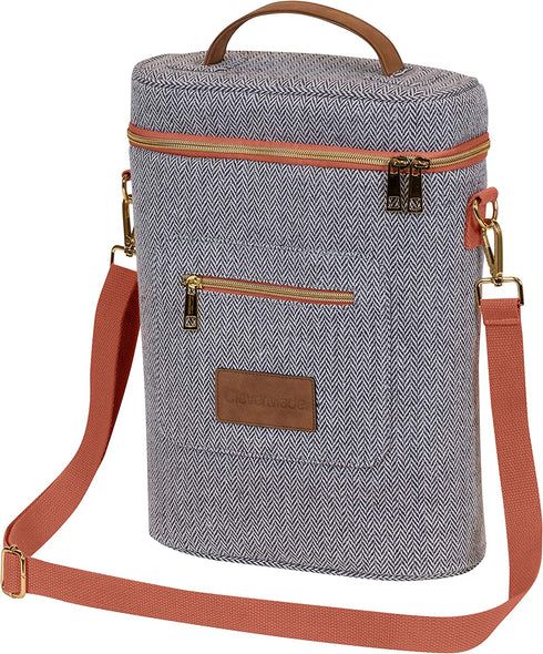 CleverMade 2 Bottle Wine Tote Carrier; Insulated Wine Cooler Bag with Adjustable Shoulder Strap and Carry Handle for BYOB Restaurants, Wine Tasting, Dinner Parties, and Picnics; Herringbone