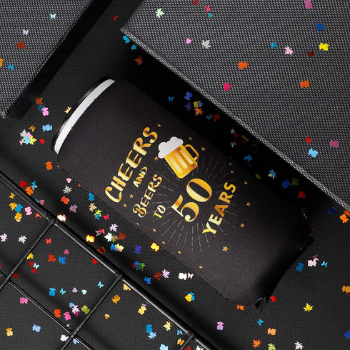 JOELELI 50th Birthday Party Decorations Can Cooler Sleeves, Neoprene Can Sleeves for Beer - 50th Anniversary Decorations and Birthday Gift for Men & Women, Black & Gold (12 Pcs)