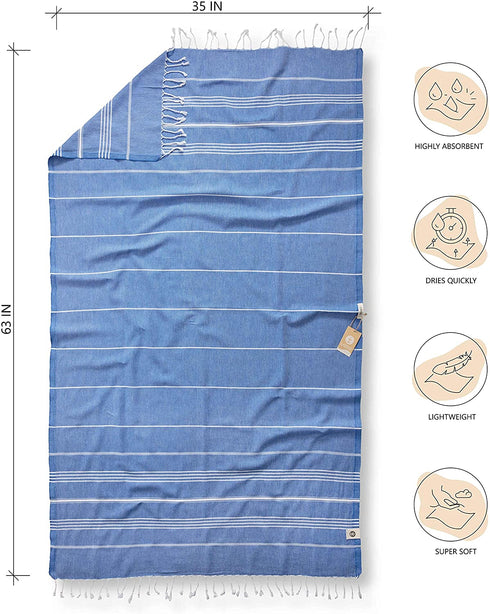 LAODIS Turkish Beach Towel 39 x 71 Quick Dry Sand Free Lightweight Large Oversized Beach Towel Turkish Towels for Camping Yoga Gym Pool Travel - Blue