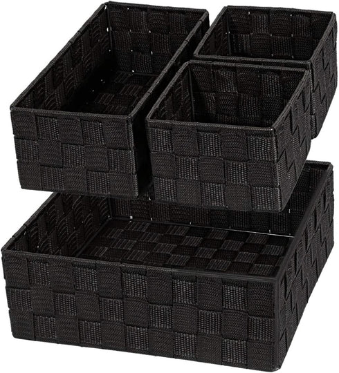 VK Living Woven Storage Box Basket Bin Container, Woven Strap Basket, Nylon Woven Box Basket, Underwear Bra Storage Organizer Divider for Drawer, Dresser, Closet, Black, Set of 4