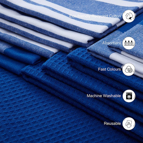 Encasa Homes Kitchen Dish Towels X-Large 18 x 28 inch (12 pcs Set of Waffles, Stripe & Checks) Absorbent, Tea Towels for Cleaning and Quick-Drying, Eco-Friendly Cotton - Blue