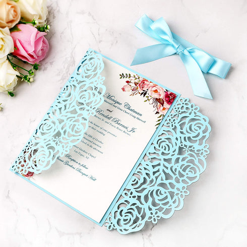 PONATIA 25PCS/Lot 250GSM 5.12 x 7.1'' Laser Cut Hollow Rose with Blue Ribbons Wedding Invitations Cards for Wedding Bridal Shower Engagement Birthday Graduation Invite (Blue)