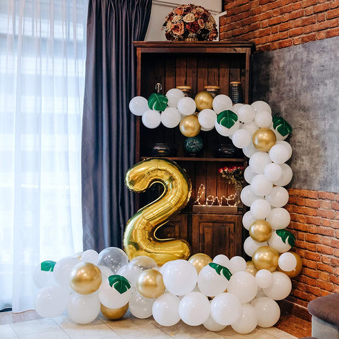 Balloon Garland Arch Kit 16 Ft Long - 168 Pieces White, Gold and Confetti - Tropical Palm Leaves Greenery for Baby Shower Decorations, Wedding, Bachelorette, Engagement, Birthday Party, Anniversary