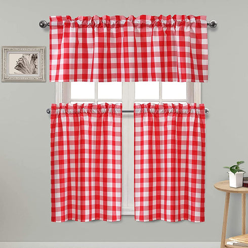 Hiasan Semi Sheer Tier and Valance Curtains Set Light Filtering Buffalo Checkered Kitchen Curtains, Red, Set of 3 Pieces