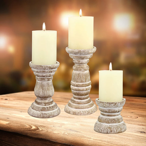 Stonebriar Antique White Wooden Pillar Candle Holder, Vintage Seaside Pillar Stand for Dining Table Centerpiece, Coffee Table, Mantel, Or Any Table Top, Small