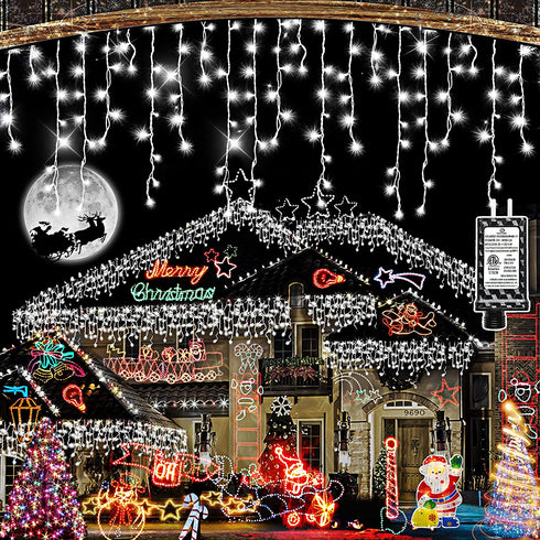 Hezbjiti Christmas Decorations Lights Outdoor, 400 LED 32.8 FT 8 Modes 75 Drops Fairy String Curtain Lights for Christmas Decor Eaves Window Party Yard Garden Indoor (Cold White)