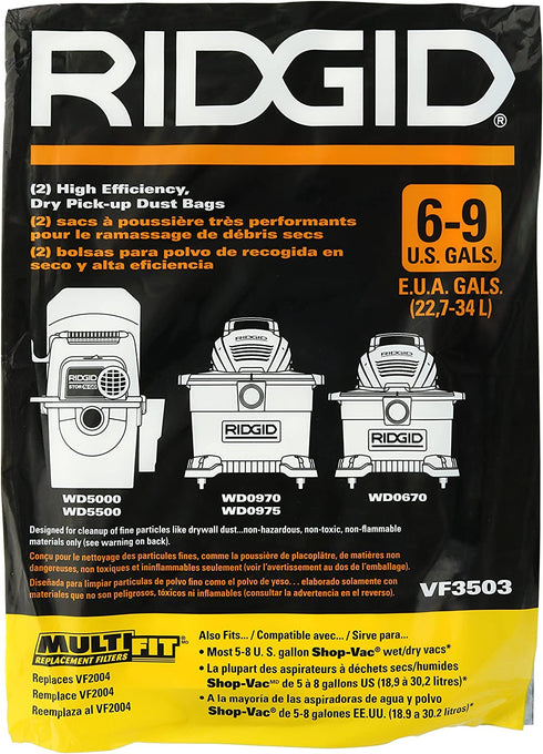 Ridgid VF3503 High Efficiency, Dry Pickup Dust Bags for 6 - 9 Gallons Ridgid Wet / Dry Vacuums at (2 Pack)