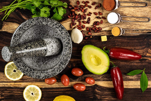 Mortar and Pestle Set - Double Sided Unpolished Granite Bowl - 6 Inch, 2 Cup Natural Heavy Molcajete Stone - With Counter Top Protective Pad - Made for a lifetime