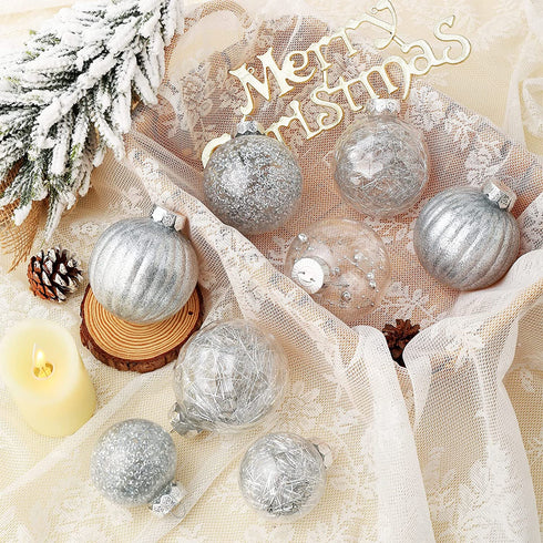 80mm/3.15" Shatterproof Christmas Ball Ornaments,Clear Plastic Decorative Christmas Balls Hanging Xmas Tree Baubles Set with Stuffed Delicate Glittering Decorations(Silver)