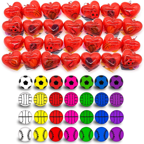 28 Packs Kids Valentine Party Favors Set with Sports Ball Bouncy Balls Filled Hearts and Valentine Cards for Kids Valentine Classroom Exchange, Kids Bouncy Balls for Class Exchange, Gift & Game Prize