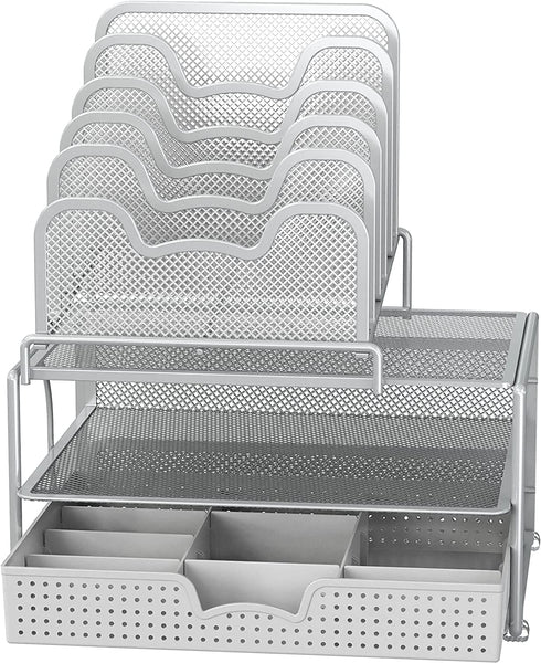 SimpleHouseware Mesh Desk Organizer with Sliding Drawer, Double Tray and 5 Stacking Sorter Sections, Silver