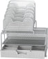SimpleHouseware Mesh Desk Organizer with Sliding Drawer, Double Tray and 5 Stacking Sorter Sections, Silver