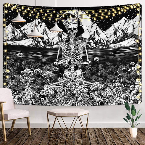 Skull Floral Tapestry Meditation Skeleton Tapestry Mountain Wave Tapestry Moon and Star Tarot Tapestry Starry Black and White Tapestry(59.1 x 82.7 inches)