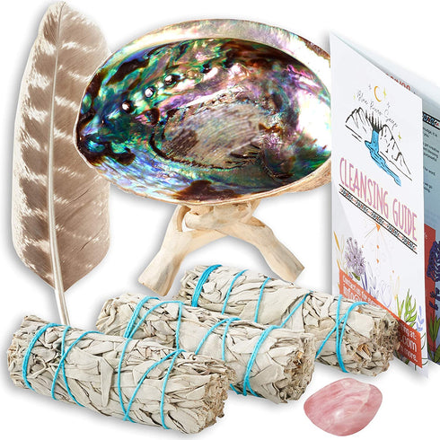 Sage Smudge Kit - White Sage Smudge Sticks Incense Sticks, Rose Quartz, Abalone Shell 5"+, Stand, Smudging Feather & Cleansing Guide (3 Sage)