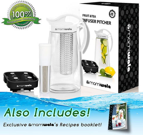 White Fruit & Tea Infusion Water Pitcher - Free Ice Ball Maker - Free Infused Water Recipe eBook - Includes Shatterproof Jug, Fruit Infuser and Tea Infuser Great for weight loss - The PERFECT Set