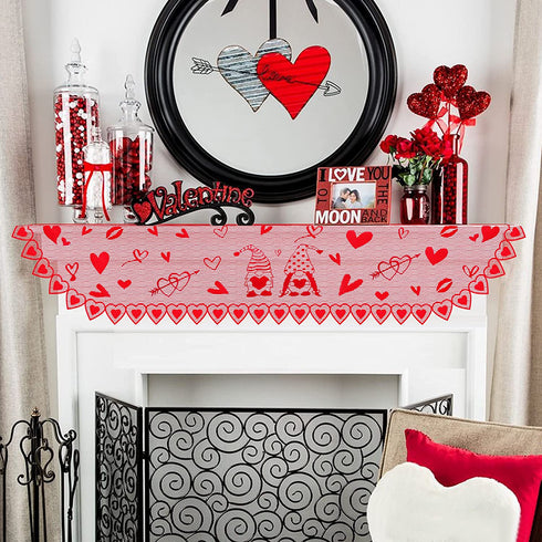 Tifeson Valentines Day Decor, Red Heart Valentines Fireplace Scarf, 20x90 Inch Gnome Lace Valentines Day Mantle Scarves Cover Fireplace Mantel Decor, Valentines Fireplace Decorations Party Supplies