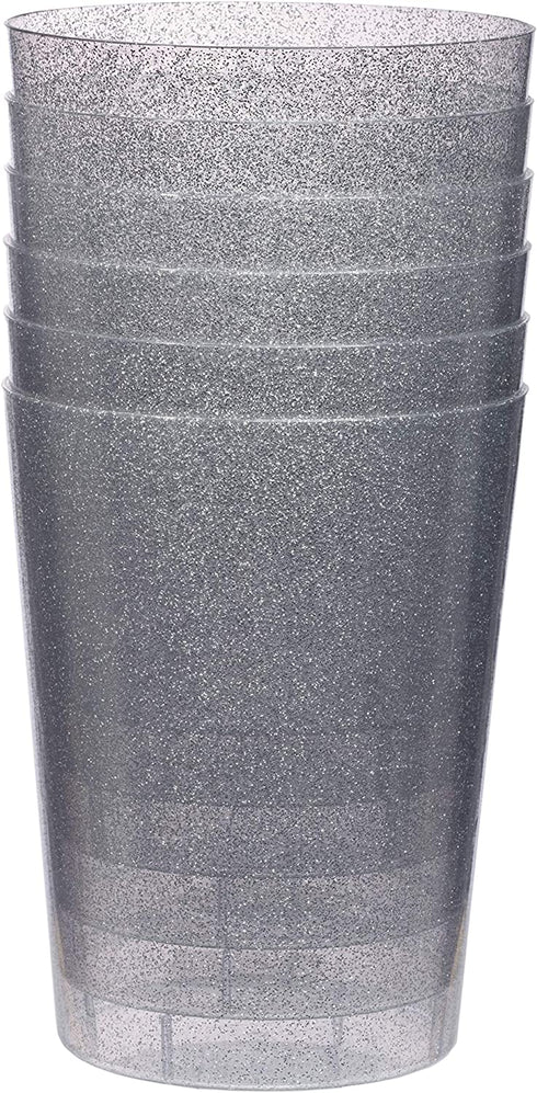 Exquisite 6 Pack Of 96 Ounce Disposable Silver Glitter Clear Plastic Ice Bucket For Parties - Good As One Large Champagne Chiller Or Classic Wine Bottle Chiller