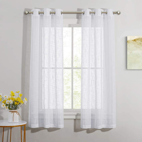 NICETOWN White Sheer Curtains 63 inch Length, Grommet Semi Sheer Linen Texture Small Window Treatments Privacy Curtain Lights for Bedroom, 34" Width, Set of 2