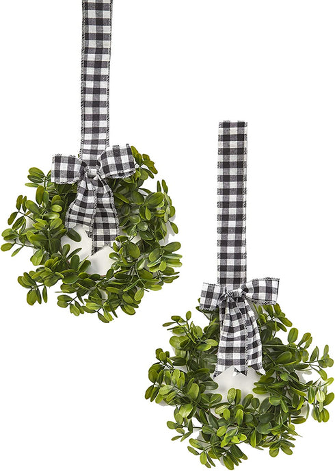 LCI Set of 2 Faux Kitchen Cabinet Wreaths 11" W x 21" L Each (Black & White Plaid)