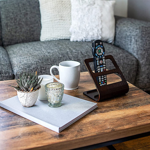 jawani Wood TV Remote Caddy with 2-Slot Media Organizer, Rustic Wooden Remote Control Holder, Living Room Couch or Bedside Table Stand, Universal Upright Vertical Storage, Brown