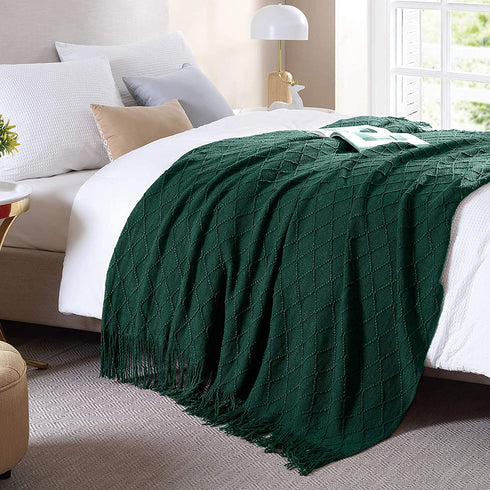 Walensee Throw Blanket for Couch, 50 x 60 Forest Green, Acrylic Knit Woven Summer Blanket, Lightweight Decorative Soft Nap Throw with Tassel for Chair Bed Sofa Travel Picnic, Suitable for All Seasons