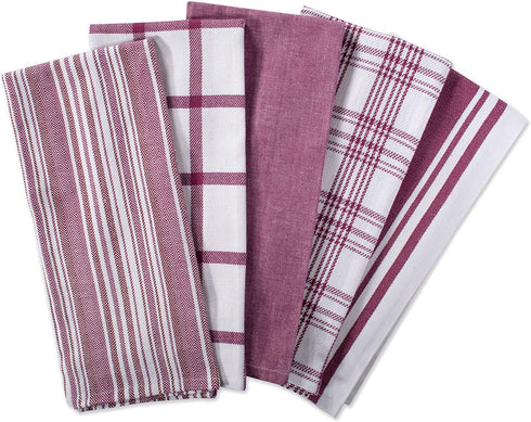 DII Assorted Woven, Kitchen Dishtowel Set, 18x28, Wine, 5 Piece